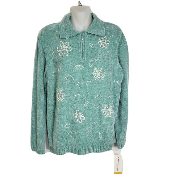 Alfred Dunner Womens Sweater Small Green Pullover Floral Snowflake Embroidered - Picture 1 of 10